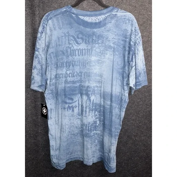 AFFLICTION Tee Live Fast Fleur de Lis T-shirt Short Sleeve Blue Black White Aop - Picture 5 of 9